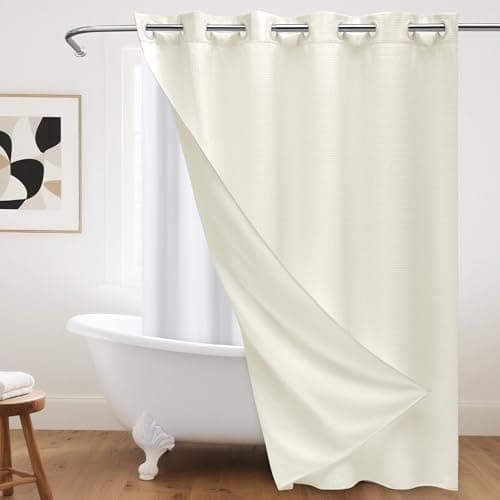 PILOTSHARK No Hook Waffle Weave Shower Curtain with Snap-in Fabric Liner,256GSM Heavy Duty Fabric Shower Curtain Set,Cream Waterproof Washable Luxury Shower Curtain for Bathroom Stall (72x75 Inch) - Image 1