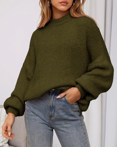 BTFBM Sweaters for Women Fall 2026 Crew Neck Lantern Long Sleeve Oversized Sweater Casual Knit Winter Pullover Tops(Army Green, XX-Large) - Thumbnail 4