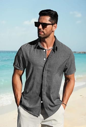 LETSEE Mens Hawaiian Shirt Beach Summer Short Sleeve Button Down Linen Casual Shirts Wedding Vacation Outfit, Dark Grey, 4X-Large - Thumbnail 3