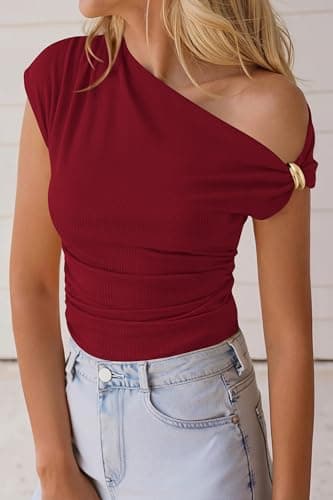 PRETTYGARDEN Womens Summer Off The Shoulder Crop Tops Ribbed Going Out Fitting T Shirts Trendy Spring Y2k Clothes 2026(Burgundy,Small) - Thumbnail 3