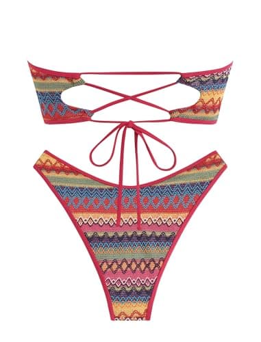 ZAFUL Women's Colorblock Stripes Bikini Sets Cheeky Boho Geo Print Color O Ring Bandeau Bathing Suit for Beach Holiday (Boho Wine Red M) - Thumbnail 3