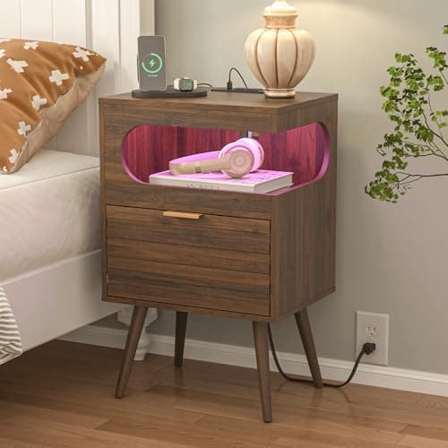 Veegle Nightstand with Charge Station,Modern Bedside Table with Storage Drawer and Open Wood Shelf, Accent Night Stand with Solid Wood Legs for Bedroom and Small Spaces (Walnut Brown) - Image 1
