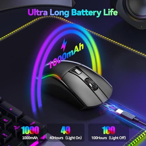 TECKNET Tri-Mode Wireless Gaming Mouse, RGB Backlit Bluetooth 5.0/2.4G/USB-C Rechargeable Ergonomic Mouse with 6 Programmable Buttons, 24000 DPI, 1000Hz Polling Rate, for PC Laptop Mac Gamer - Thumbnail 5