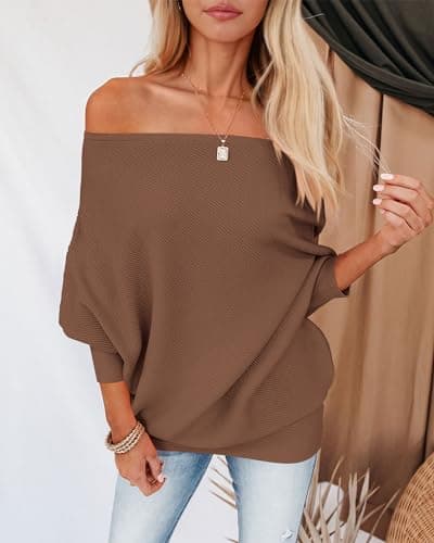Zenlonr Women's Fall Sweaters 2026 Casual Long Batwing Sleeve Loose Off Shoulder Knit Pullovers Jumper Tops(Brown,X-Large) - Thumbnail 4