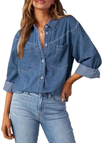 Dokotoo Western Shirts for Women V Neck Button Up Chambray Shirts Cowgirl Long Sleeve Denim Shirt Women Rhinestone Top Country Concert Outfits Western Shirt Denim Tops Blouses Fashion Wear Sky Blue L - Image 1