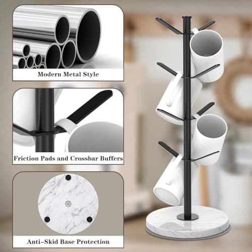 ZYZWTG Marble Mug Holder Tree, 8 Hooks Coffee Cups Stand, New Upgraded Stable Mug Stand for Kitchen Counter Cabinet Cafe Black - Thumbnail 4