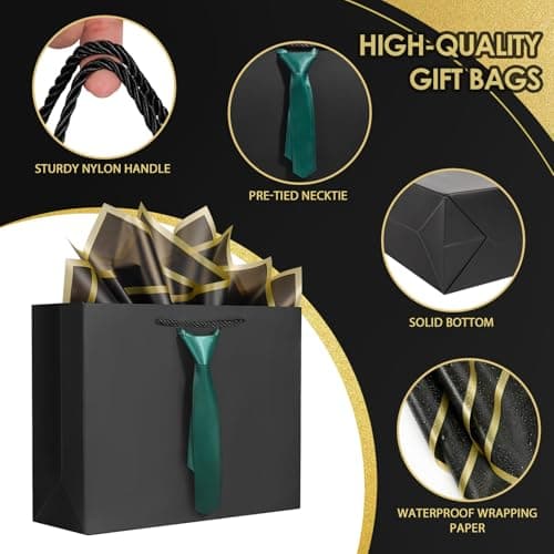Fathers Day Gift Bags,Birthday gift bags with Handles and Pre-Tied, 4 tissue paper and 2Greeting Cards, thank you gift bags for men , Teacher gift bags,Graduation Party Wedding gift-bags (Medium black/green) - Thumbnail 3