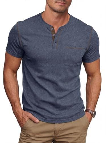 NITAGUT Mens Henley Shirts Short Sleeve Cotton Casual T-Shirts for Men Comfort Button Summer Tee with Pocket, Vg Navy Blue, X-Large - Image 1