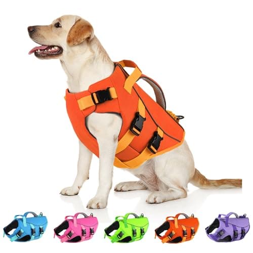 Dogcheer Dog Life Jacket with Double Rescue Handle, Reflective Dog Life Vest for Swimming Boating, Adjustable Pet Swim Vest Dog Flotation Device DFD for Small Medium Large Dogs - Orange M