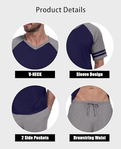 PrinStory Mens Pajamas Set Short Sleeve Lightweight and Soft Pajama Sets Summer Pjs Sets with Pockets Navy Blue Dark Gray-S - Thumbnail 5