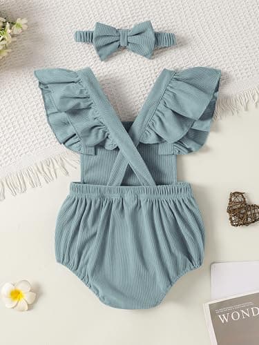GEMLON Baby Girl 4th of July Outfit Ruffled Sleeveless Embroidery Preemie Bodysuit with Headband 3-6 Month Girl Clothes - Thumbnail 5