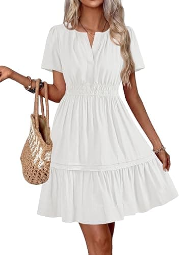 BTFBM Summer Dresses for Women 2026 Casual Boho Sundress Short Sleeve V Neck Ruffle A Line Beach Vacation Mini Dress(White, Large) - Image 1