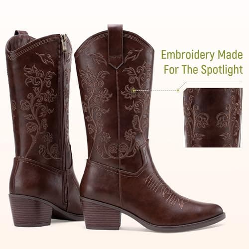 Vepose Brown Cowboy Boots for Women Embroided Cowgirl Boots 9803 Western Mid-Calf Pull on Pointed Toe Shoes for Ladies with Inside Zipper Size 9.5 (CJY9803 Whisky 09.5) - Thumbnail 5