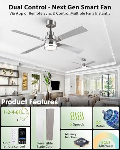 CalorHoga 52 Inch Ceiling Fans with Lights and Remote/APP, Brushed Nickel Ceiling Fan Modern, ETL Listed, 3CCT Dimmable, Timer, 6-Speeds, Quiet Reversible DC, Smart Silver Fan for Bedroom Living Room - Thumbnail 4