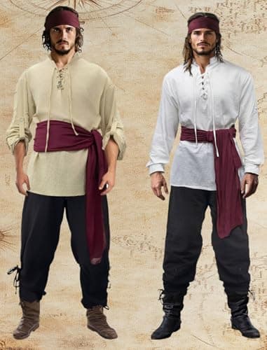 Verceco Mens Pirate Costume Outfit Renaissance Costume Men Medieval Outfit With Pirate Pants Shirts Sash Accessories (khaki, XXX-Large) - Thumbnail 5