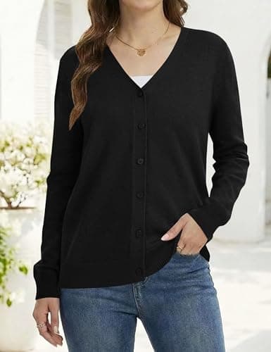 LaGracia Cardigan Sweaters for Women Long Sleeve V Neck Button Down Open Front Wool Blend Lightweight Sweater Black S - Thumbnail 2