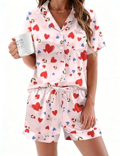 Ekouaer Valentines Pajamas for Women Silk Pjs Set Soft Short Sleeve Button Down Sleepwear 2 Piece Lounge Sets,Heart Print,M - Image 1