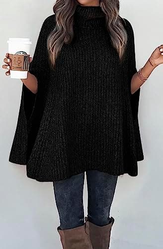 KIRUNDO Women's 2026 Fall Winter Turtleneck Poncho Sweater Fashion Chunky Knit Cape Wrap Sweaters Pullover Jumper Tops(Black, Small) - Thumbnail 4