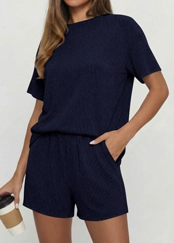 KIRUNDO 2 Piece Sets for Women Summer Shorts Lounge Set Matching Ribbed Knit Short Sleeve Top Airport Travel Vacation Outfits(Navy, XX-Large) - Thumbnail 2