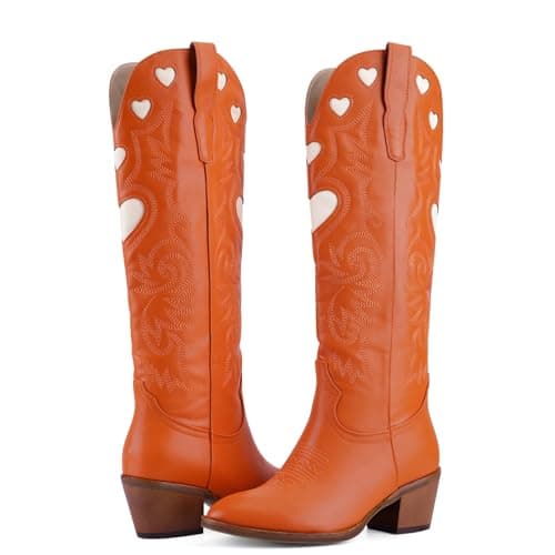 POYOIOR Orange Cowboy Boots for Women Wide Calf Round Toe Chunky Stacked Heel Knee High Cowgirl Boot Heart Pattern Classic Embroidered Tall Western Booties Pull on Size 7 - Thumbnail 6