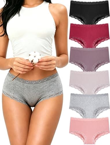 FINETOO Cotton Underwear for Women Sexy Boy Shorts Breathable Cheeky Lace Trim Panties Womens Underwear 6 Pack - Thumbnail 2