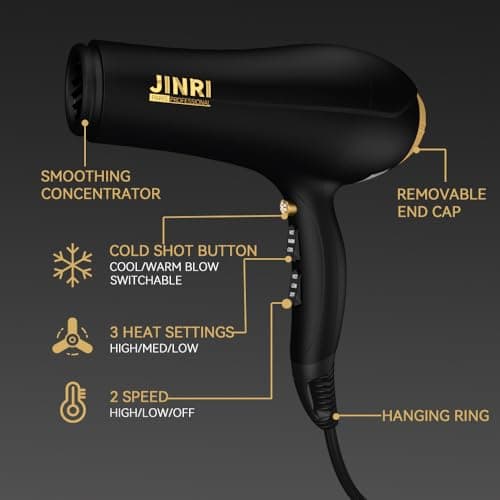 JINRI Hair Dryer - 2000W High-Speed AC Negative Ionic Blow Dryer for Salon & Personal Use – Powerful, with Diffuser & Nozzle for Women & Men, Black Gold - Thumbnail 5