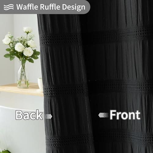Lameirose Black Shower Curtain Boho, Cotton Blend Waffle Shower Curtain Chic Textured Fabric Shower Curtains for Bathroom, 72 x 72 - Thumbnail 3