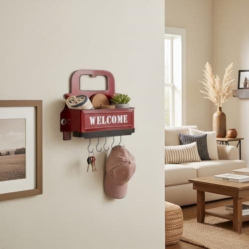 Truck Farmhouse Key Rack & Rustic Metal Wall Planter,Wall Mounted Flower Pot with Hooks, Hanging Plant Holder & Entryway Organizer for Indoor Outdoor Garden, Patio, Balcony, Farmhouse Decor (Red) - Thumbnail 6