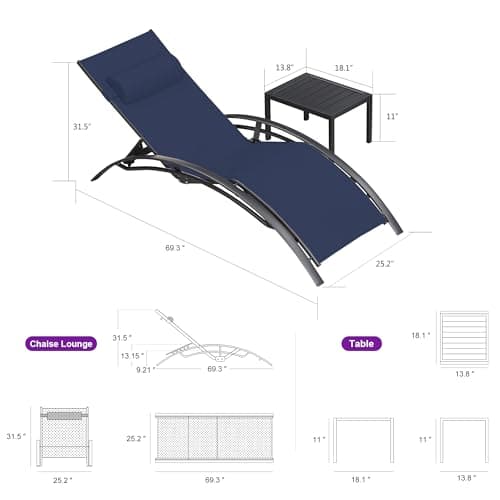 PURPLE LEAF Patio Chaise Lounge Chair Set with 2 Side Table Outdoor Pool Adjustable Recliner Chairs for Outside Beach Poolside Sunbathing Tanning Lounger - Thumbnail 2
