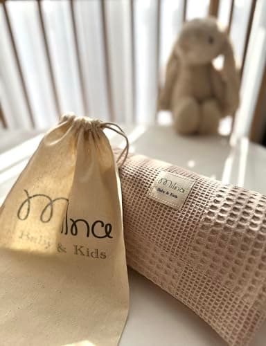 Milna Baby 100% Cotton Waffle Blanket for Boys & Girls, 100x120 cm Breathable Muslin Baby Blanket for Crib, Stroller & Swaddle, Soft Lightweight Toddler Receiving Blanket, (Beige) - Thumbnail 2