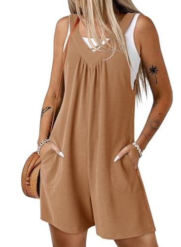 Dokotoo Rompers for Women Dressy Casual Waffle Knit Short Teen Maternity Jumpsuits Overalls Clothes Outfits 2026 Jumpers Loose Beach Clothes,Clay Small - Image 1
