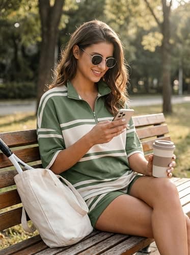 Totatuit Women Striped Workout Set Two Piece Outfit Tracksuit Oversized Lounge Set Top and Shorts Sets with Pockets (Army Green,Small) - Thumbnail 6