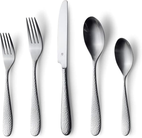 Danialli Matte Silverware Set, 18/10 Stainless Steel Satin Flatware, Modern Brushed Finish Cutlery, Dishwasher Safe & Durable, Built to Last (40-Piece, Fidenza Hammered) - Image 1