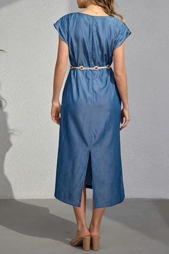 Women's Summer Denim Blue Casual Cap Sleeve Back Split Shift Elegant Office Rayon Pockets Dress with Decorative Waist Chain Ladies Straight Calf Length Work Business Vocation Holiday Dresses - Thumbnail 5