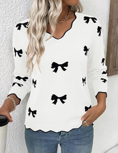 LaGracia Womens Fall V Neck Sweater 2026 Lightweight Casual Long Sleeve Ribbed Knit Pullover Sweaters Dressy Fall Outfits White-Bow L - Thumbnail 3