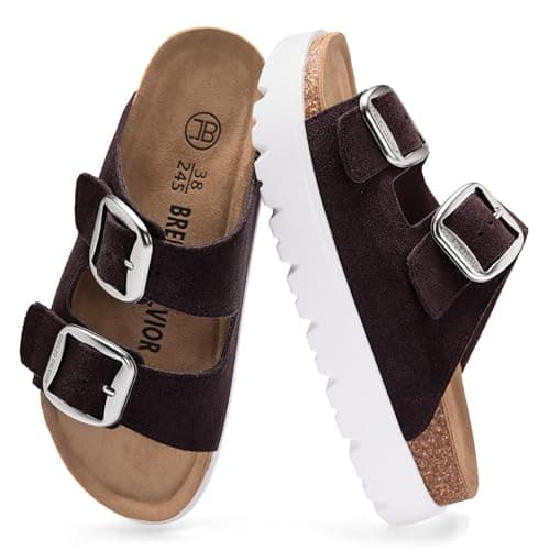Women's Platform Sandals Suede Sandals with Adjustable Buckle Comfy Open-Toe Summer Slides for Indoor Outdoor Use, Non-Slip, Dark Brown Size 6-6.5 - Image 1