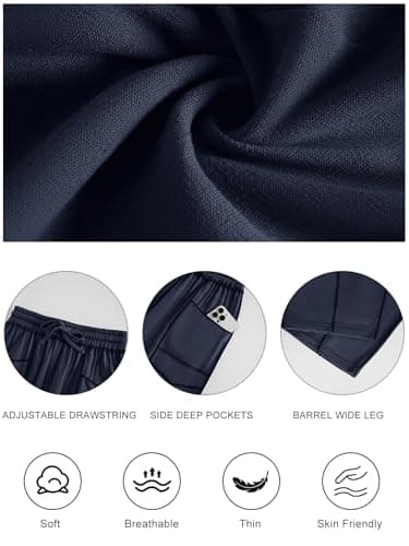 grewley Womens Linen Barrel Pants Baggy Wide Leg Pants Summer Palazzo Drawstring Waist Pants with Pockets Casual Navy Blue M - Thumbnail 6