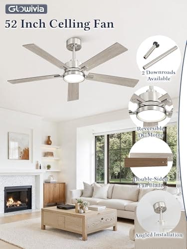 Glowivia 52 Inch Ceiling Fan with Lights and Remote, Smart APP Control, Dimmable with All-Setting Memory, Quiet DC Motor Reversible Blades, Damp Rated Modern Ceiling Fan for Bedroom Patio Living Room - Thumbnail 6