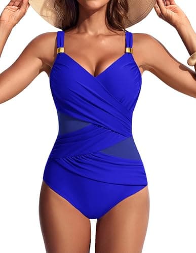 Hanna Nikole Womens One Piece Swimsuits Tummy Control Wrap Bathing Suit Vintage Blue V Neck Ruched Sculpted Mesh Swimwear S - Image 1