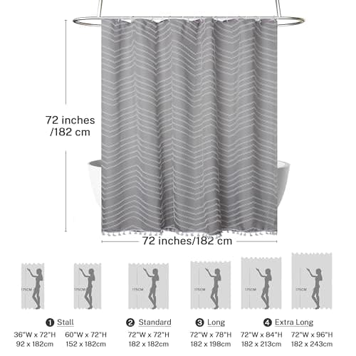 Siiluminisoy Boho Shower Curtain with Tassel Woven Fabric Grey Shower Curtain 72 x 72 Modern Farmhouse Textured Tufted Chevron Striped Minimalist Bathroom Shower Curtain Set with Hooks - Thumbnail 5