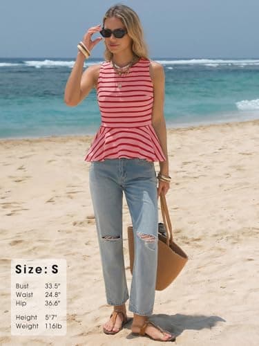 EXLURA Women Summer Tank Tops 97% Cotton Waffle Knit Peplum Top Sleeveless Crewneck Striped Ruffle Hem Business Casual Shirts Pink Red - Thumbnail 6