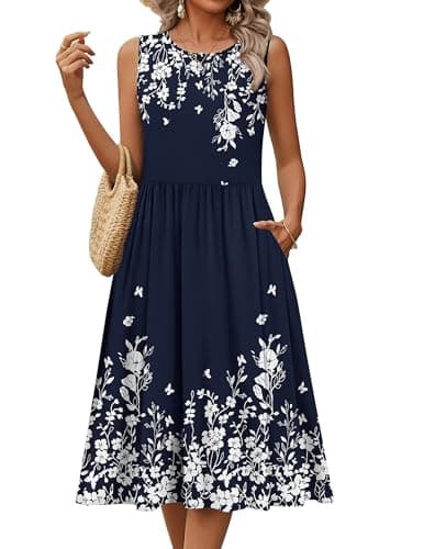 HOTOUCH Womens Casual Sleeveless Dress Floral A-Line Midi Tunic Dress Summer Loose Aline Tank Shift Dresses Tropical Beach Vacation Sundress