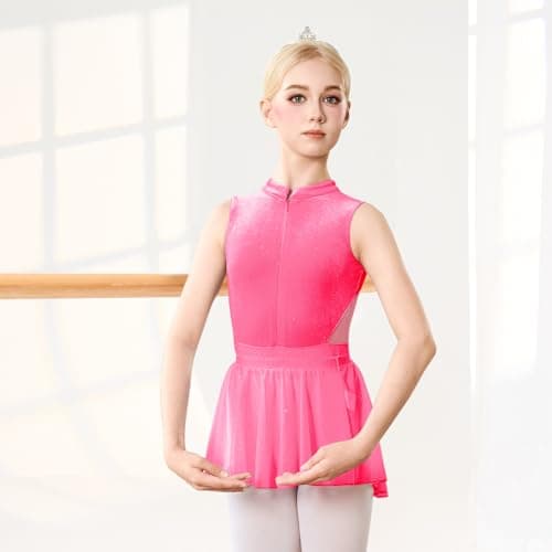 JiAmy Girls Ballet Leotards with Invisible Zipper & Removable Skirt Mesh Back Cutout Dance Dress Outfit for Toddler/Kids Rose Red 7-8 Years - Thumbnail 4