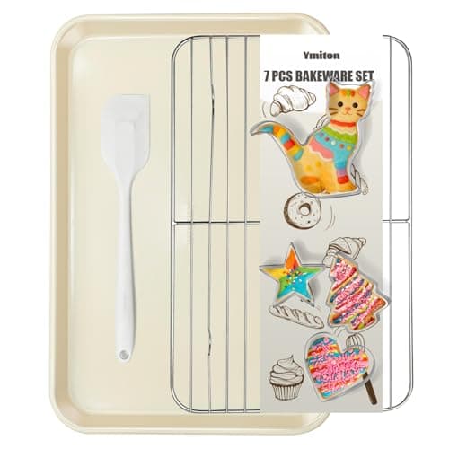 Ymiton 7PCS Nonstick Baking Sheet Set - 10x15in Jelly Roll Pan with Wire Rack, Silicone Spatula & 4 Cookie Cutters, Thickened Carbon Steel, Oven Safe 450°C, Sunshine Cream