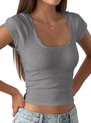 PRETTYGARDEN Women's Short Sleeve Tops 2026 Summer Lace Trim Square Neck Slim Fitted Going Out Basic Tee Shirts Y2K Clothes (Grey,X-Small) - Image 1