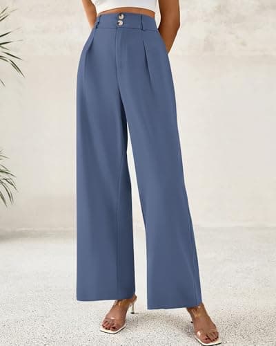 BTFBM Women Wide Leg Dress Pants 2026 High Waisted Button Pleated Business Casual Trousers Office Work Palazzo Pants(Grey Blue, XX-Large) - Thumbnail 2