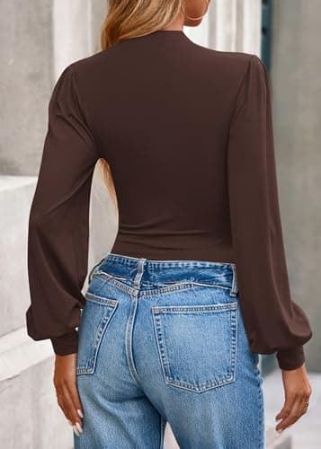 KIRUNDO Blouses for Women Dressy Casual 2026 Fall Ruched Puff Long Sleeve Shirts Mock Neck Underscrub Fitted Trendy Tops (Brown, XX-Large) - Thumbnail 2