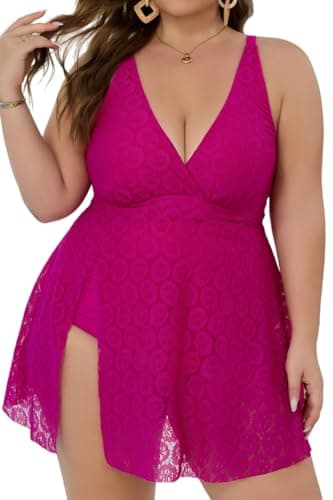 COCOPEAR Tankinis Plus Size Swimsuit for Women Mesh Tankini Tops High Waisted Bikini Bottoms Sexy Tummy Control Swimsuit Rose Red - Image 1