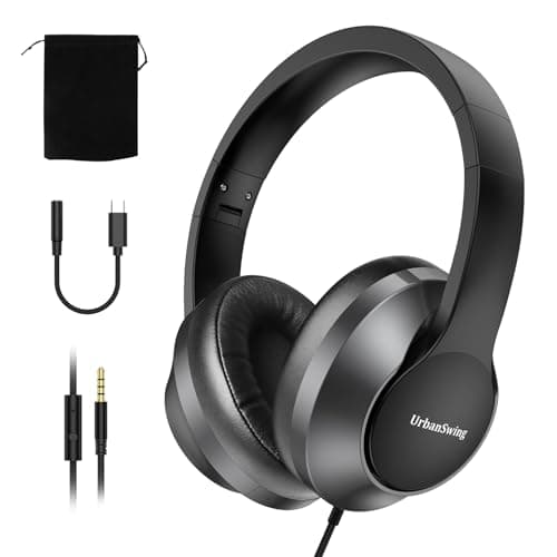 Urban Swing W2 Foldable Wired Headphones, 3.5mm Jack & USB C Adapter, Over Ear Headset for iPhone 17 16, iPad Pro, Samsung S25 S24, 4.9ft Braided Cable & Pouch for Travel, Office, Casual Gaming, Black - Image 1
