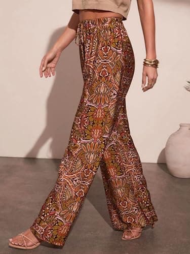 COCOMARTS Women Pants Wide Leg High Waist Palazzo Pants Casual Loose Flowy Lounge Pant Boho 2026 Vacation Outfits with Pocket Paisley X-Large - Thumbnail 3